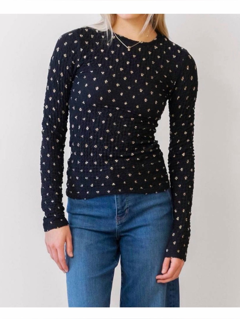 FRAME Dotted Stretch Mesh Top in Black Multi Long Sleeve XS
